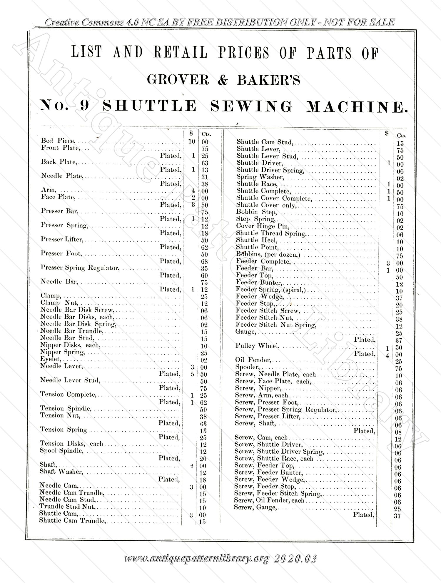 9-YV002 Parts Lists for Sewing Machines