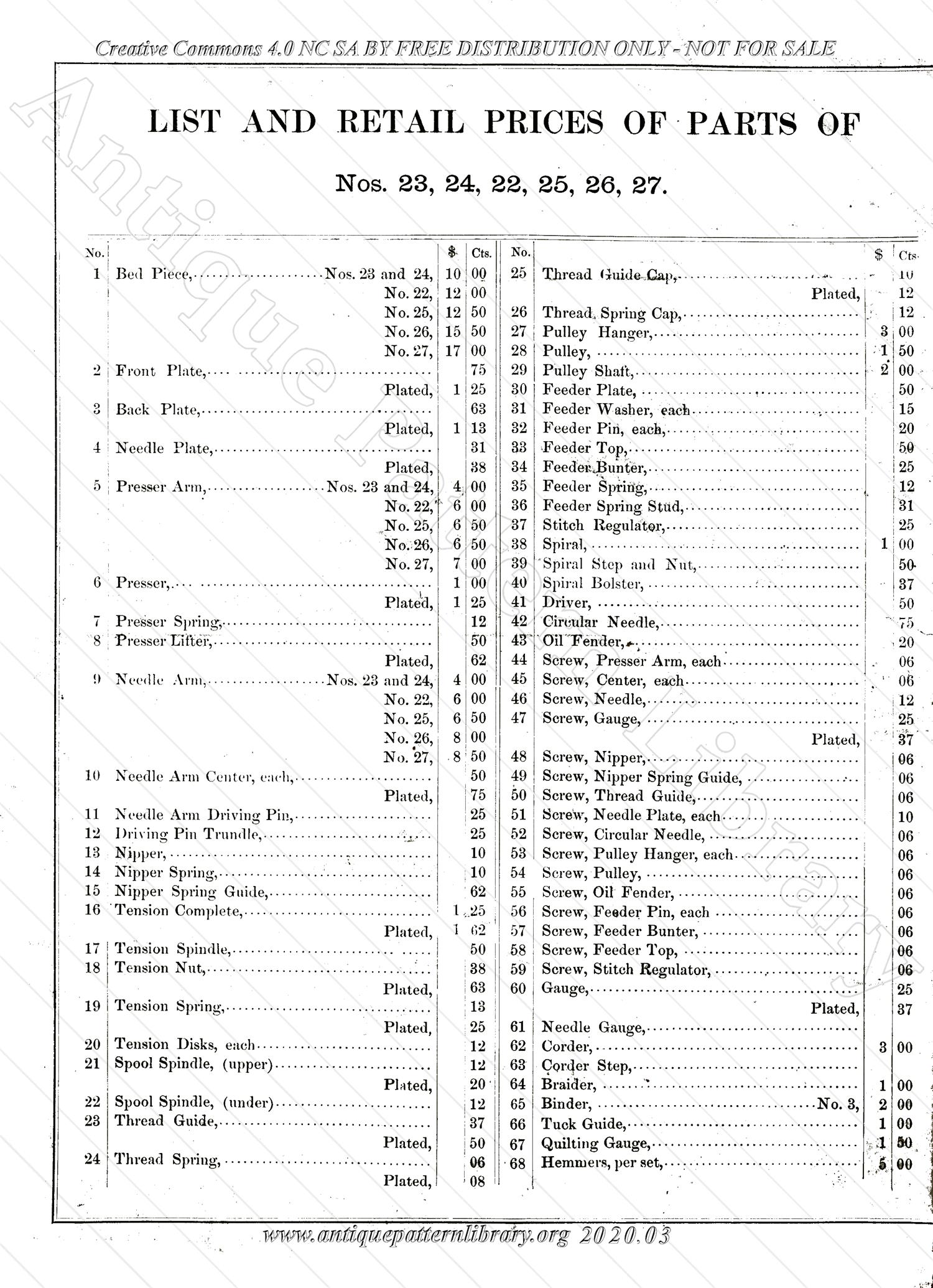 9-YV002 Parts Lists for Sewing Machines