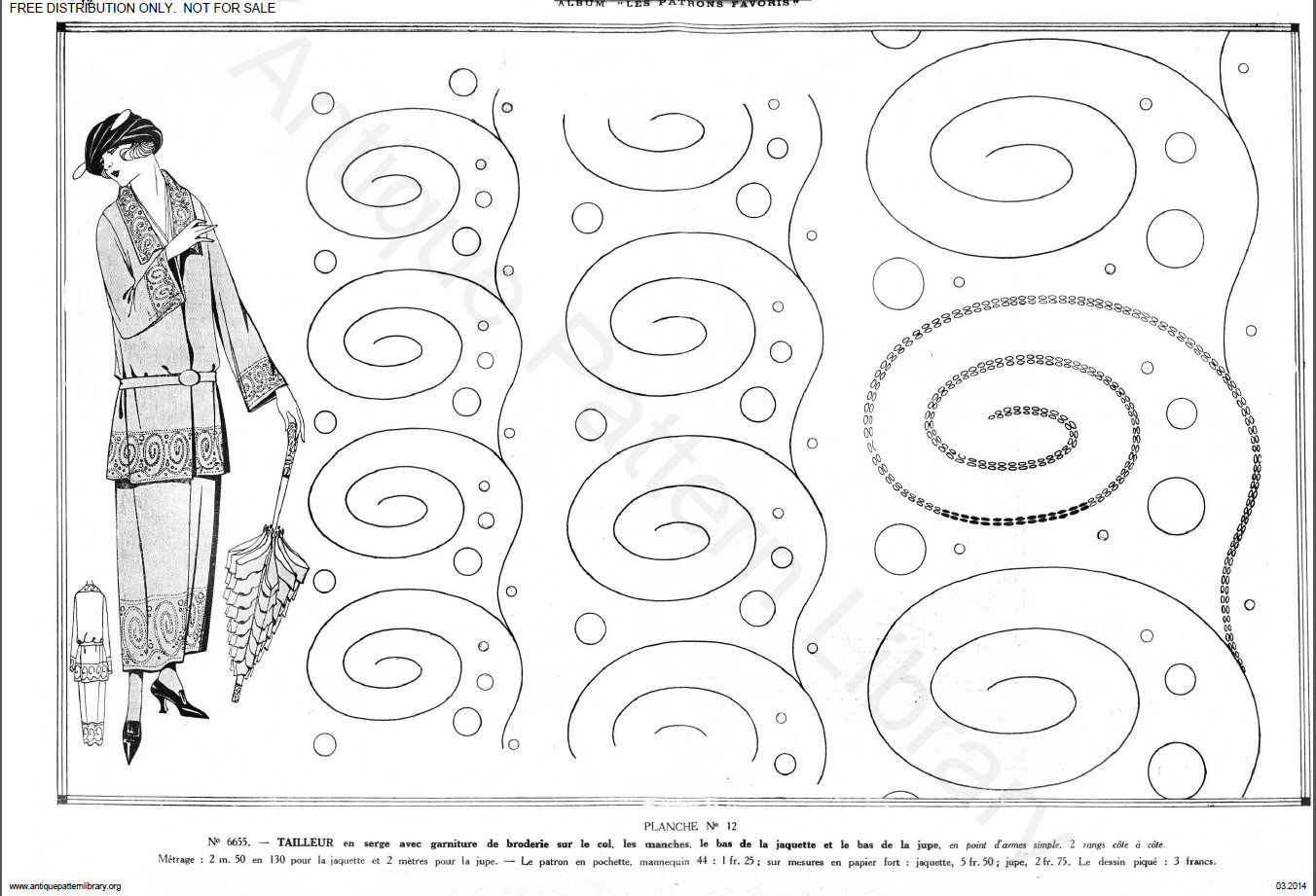 No. 6655. Tailleur en serge avec garniture de broderie sur le col, les manches, le bas de la jaquette et le bas de la jupe,