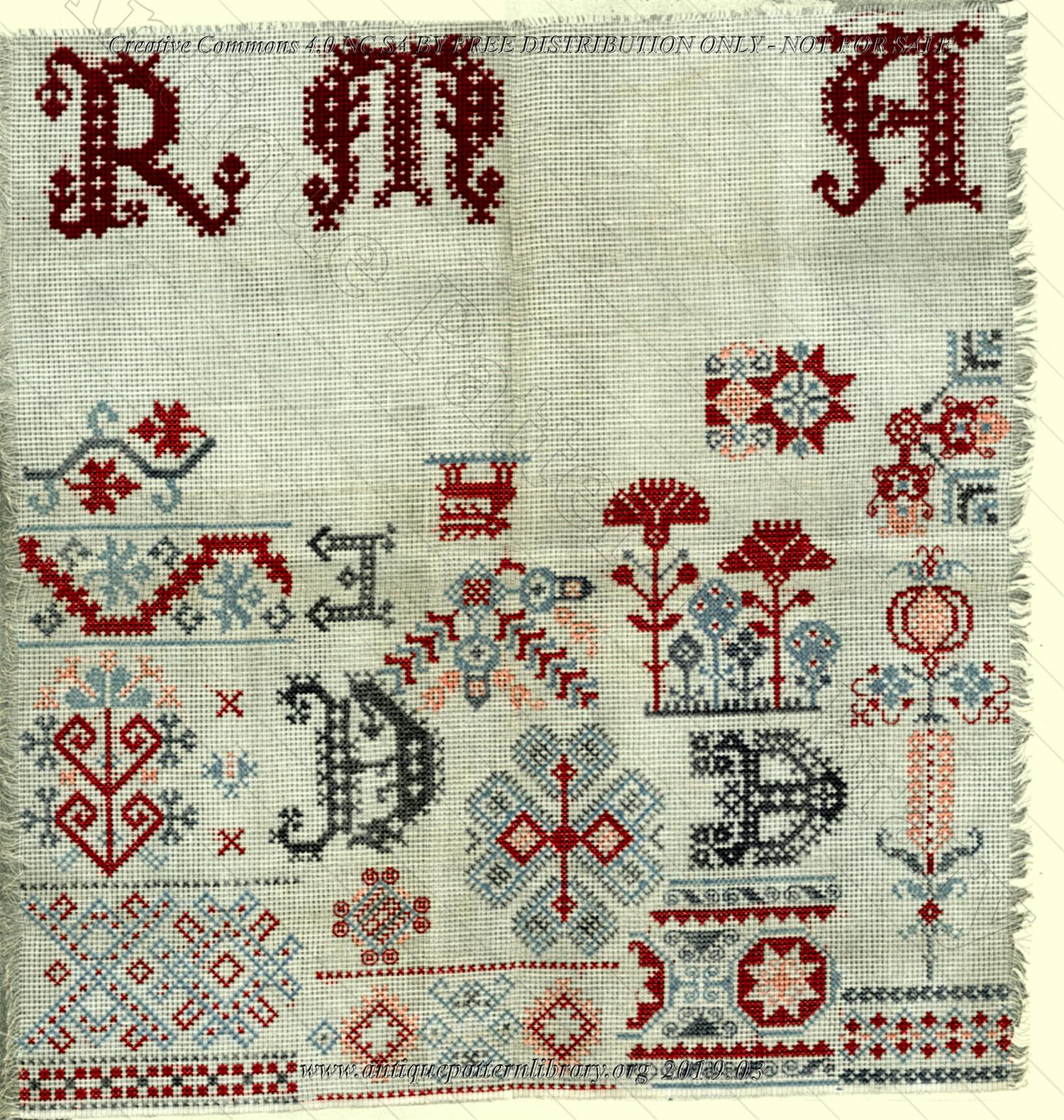 F-JJ004 Unfinished sampler with Frisian letters, in four colors