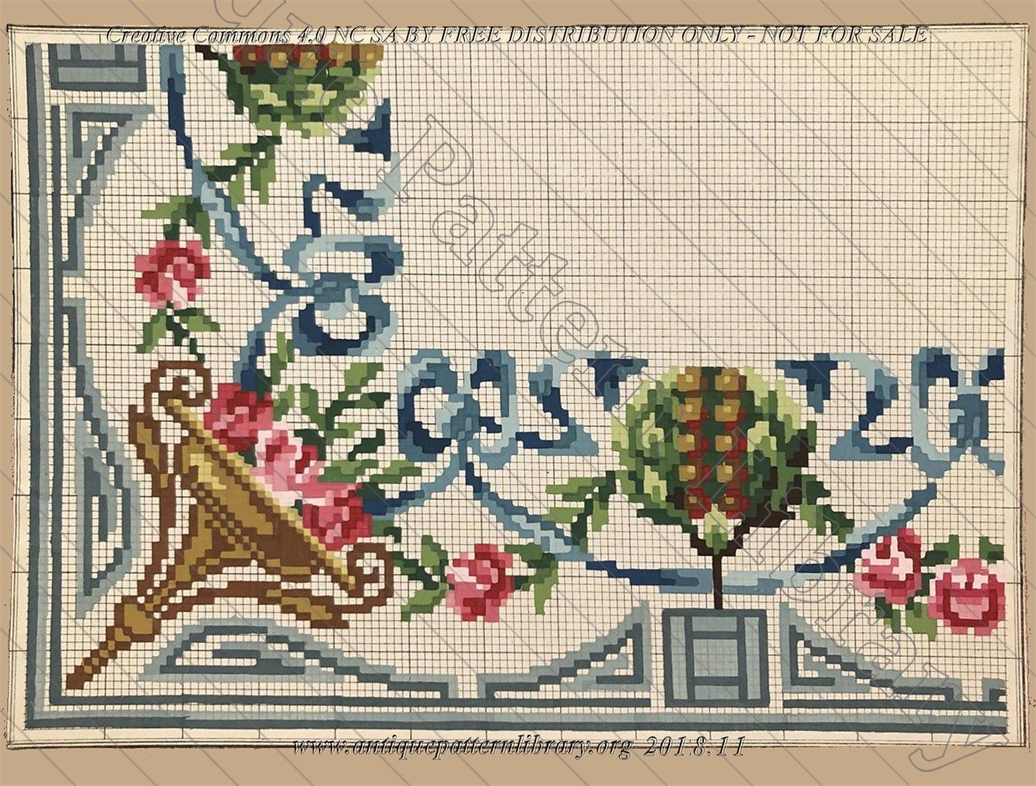 I-BH002 Corner embroidery with blue ribbons, pink roses, topiary urn