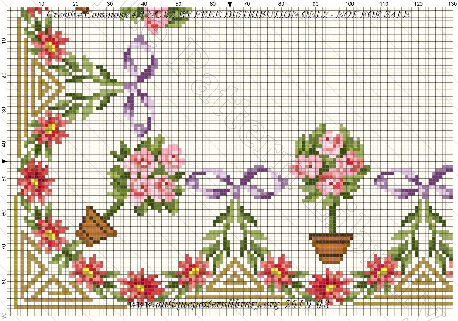 I-BH003 Corner embroidery with potted rose trees, purple ribbons, red flowers