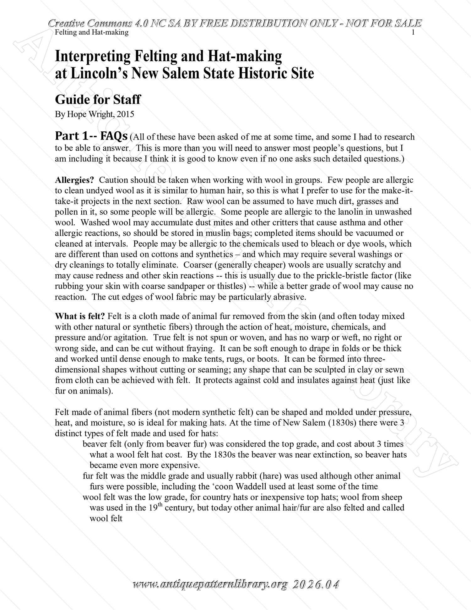 Q-HW001 Interpreting Felting and Hat-Making at Lincoln's New Salem State Historic Site (1830s)